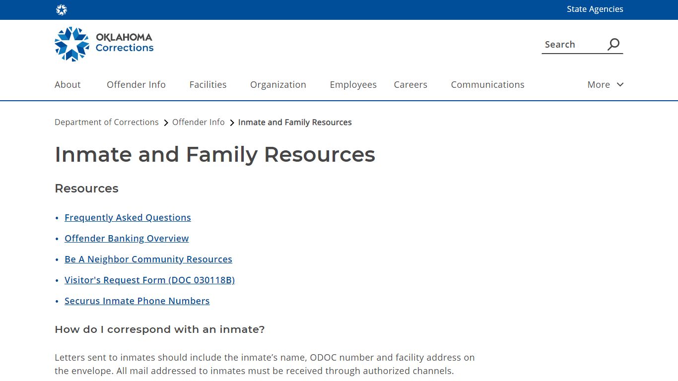 Inmate and Family Resources - Department of Corrections